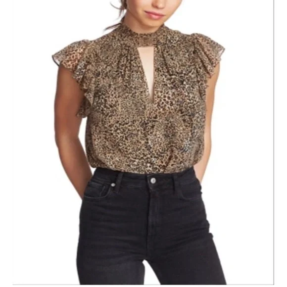 1 State Leopard Keyhole Mock Neck Blouse - Picture 3 of 10